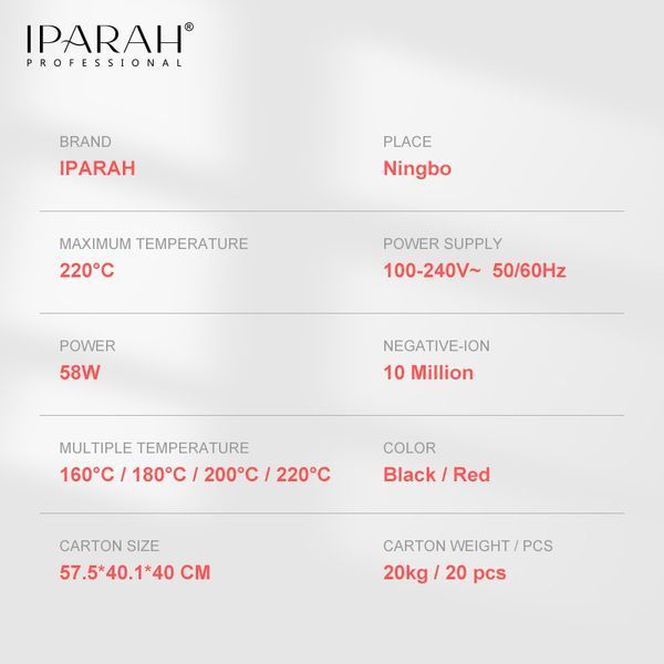 Выпрямитель для волос IPARAH P-103R RED, 4 режима, 160-220&deg;C, керамическое покрытие, 58W 1034 фото