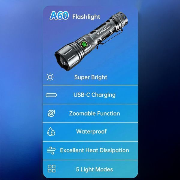 Тактичний ліхтар YEMAO YM-А60, 1200LM, акумулятор 18650 (3200 mAh) 11228 фото