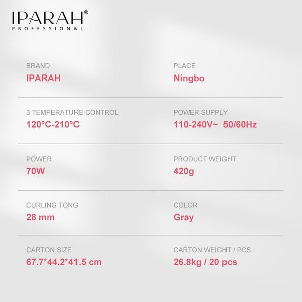 Плойка IPARAH P-205, 28mm, 120-210&deg;C, керамическое покрытие, LED display, 70W 20125 фото