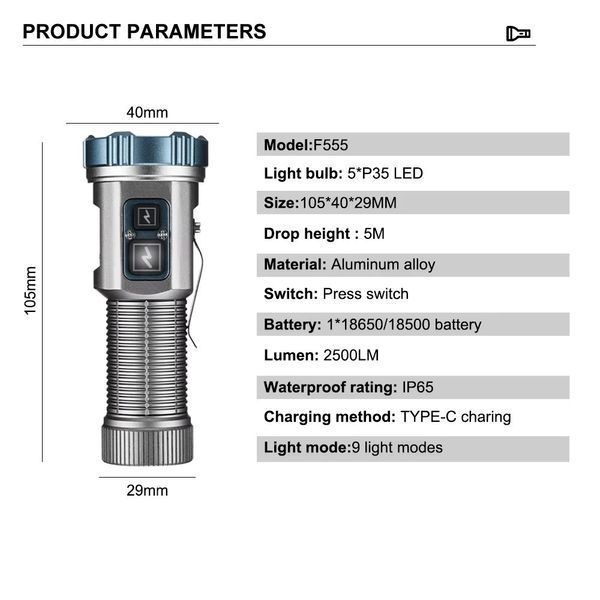 Фонарь ручно YEMAO YM-F555X 5P35+4LED(RED+BLUE), 1x18650/18500, ЗУ Type-C, магнит, зажим 12032 фото